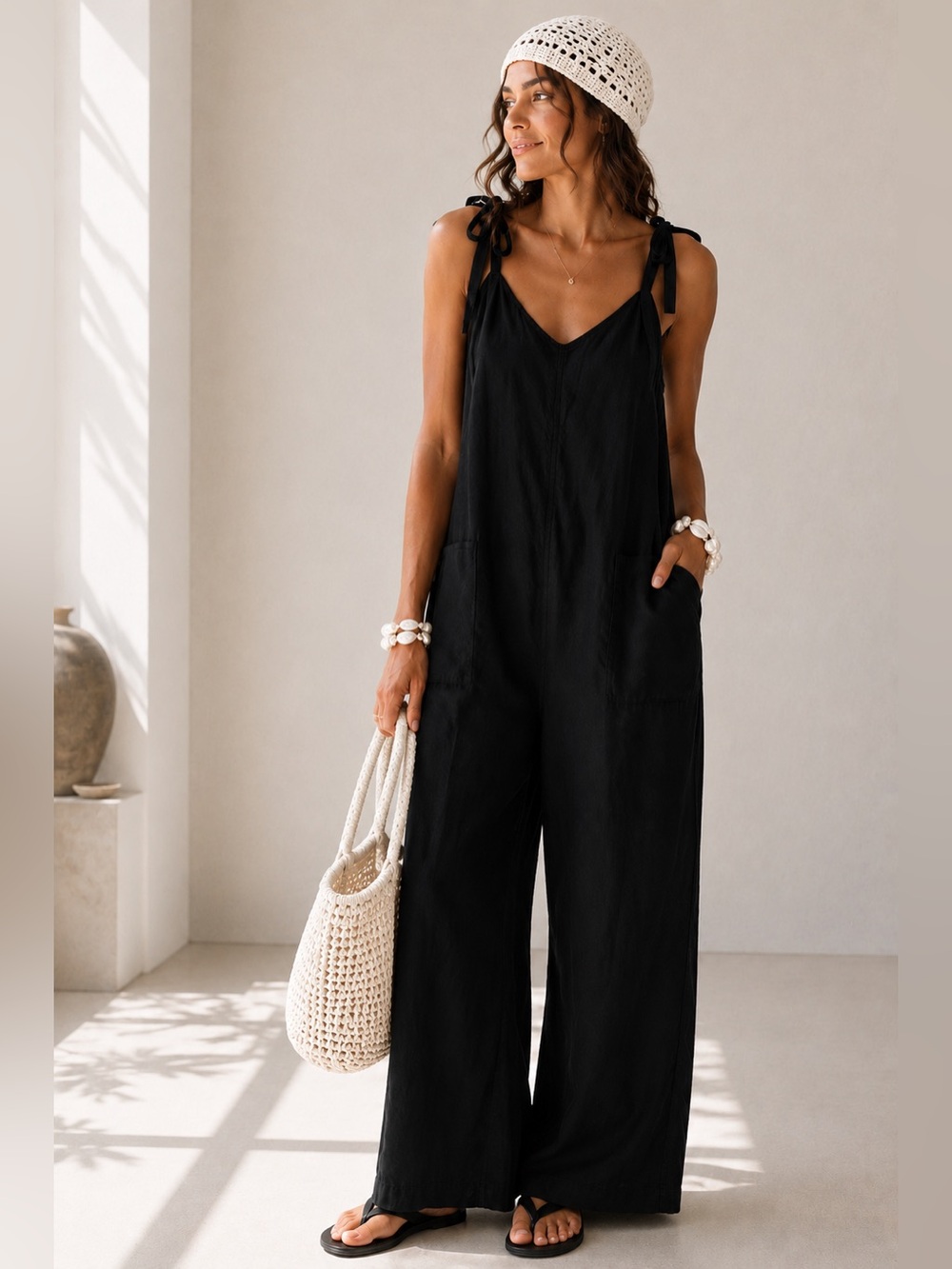 Effortless Coastal Minimalist Linen Blend Wide Leg Jumpsuit